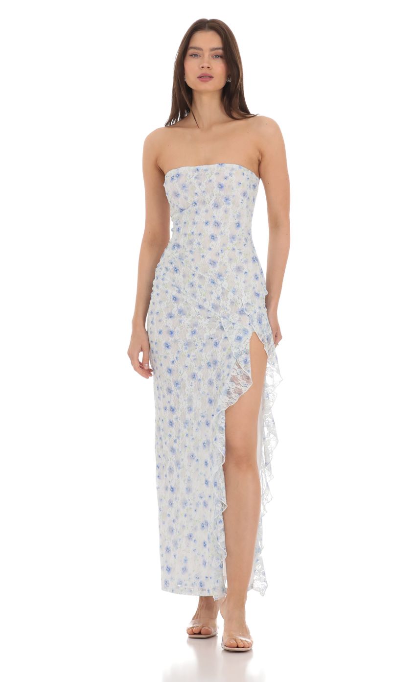 Lucy in the Sky Strapless Floral Lace Ruffle Slit Dress in Pastel Blue