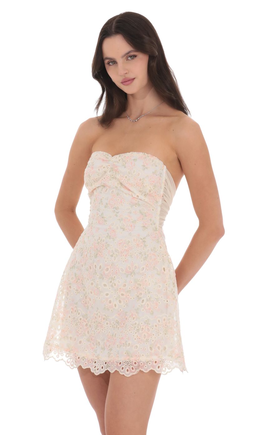 Lucy In The Sky Eyelet Floral Strapless Dress in Cream