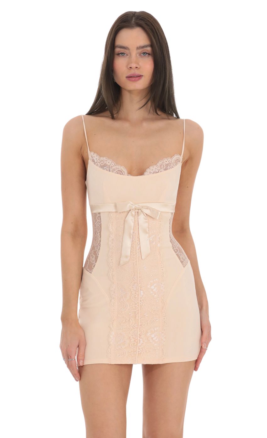 Lucy In The Sky Lace Cutout Bow Dress in Peach