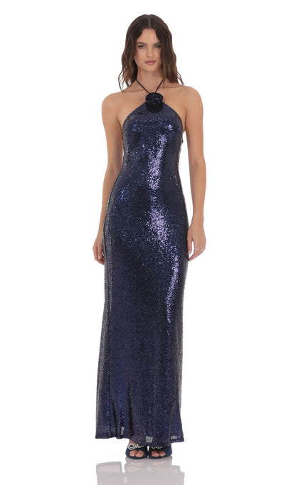 Lucy In The Sky Sequin Florette Halter Maxi Dress in Navy