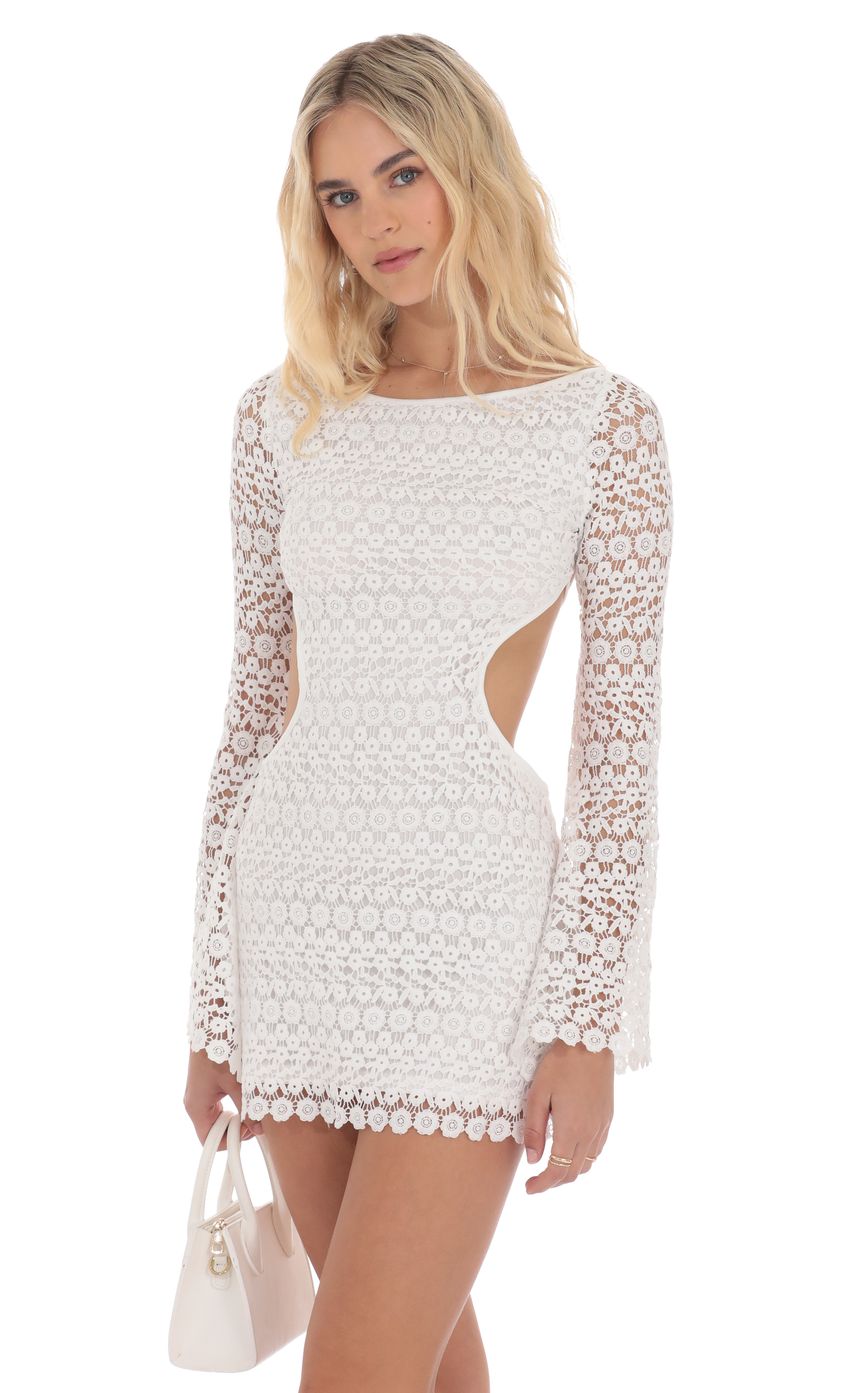 Lucy In The Sky Floral Crochet Long Sleeve Dress in White