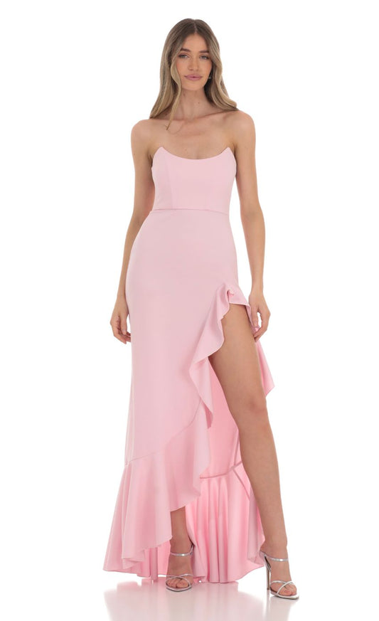 Lucy In The Sky Ruffle Slit Strapless Corset Maxi Dress in Pink