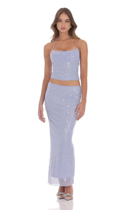 Lucy In The Sky Sequin Pearl Two Piece Set in Periwinkle