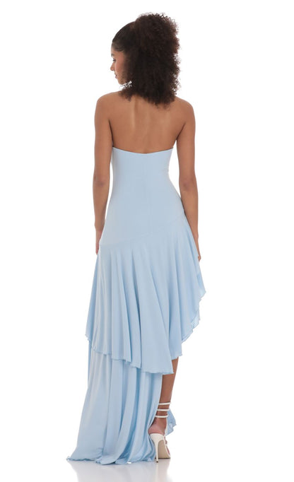 Lucy in the Sky Strapless Ruffle Asymmetrical Maxi Dress in Blue