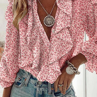 Ursime Casual Floral Ruffle Trim V Neck Long Sleeve Blouse