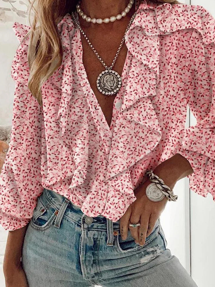 Ursime Casual Floral Ruffle Trim V Neck Long Sleeve Blouse