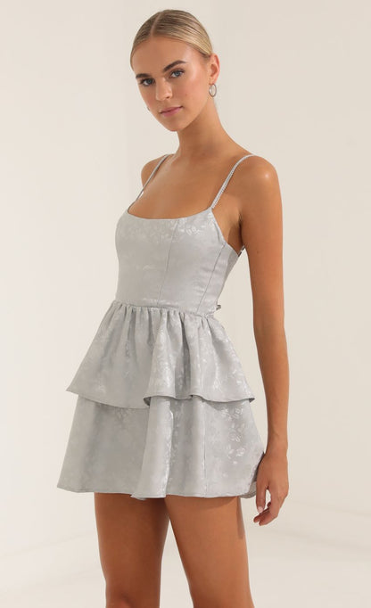 Lucy In The Sky Floral Jacquard Ruffle Dress in Grey