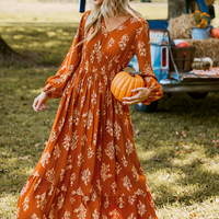 Cupshe Burnt Orange Floral Blouson Sleeve Smocked Waist Maxi Dress