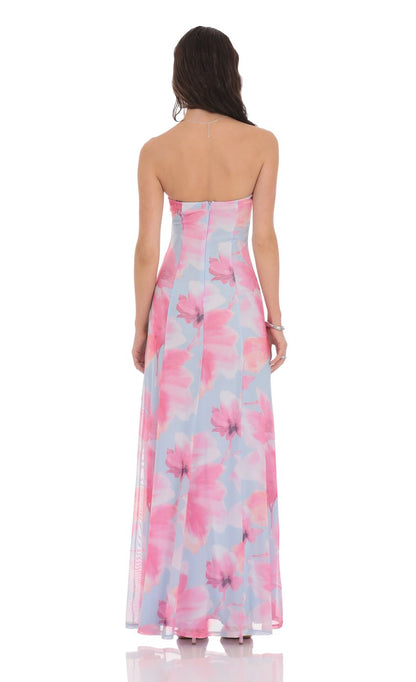 Lucy In The Sky Floral Mesh Strapless Dress in Light Blue