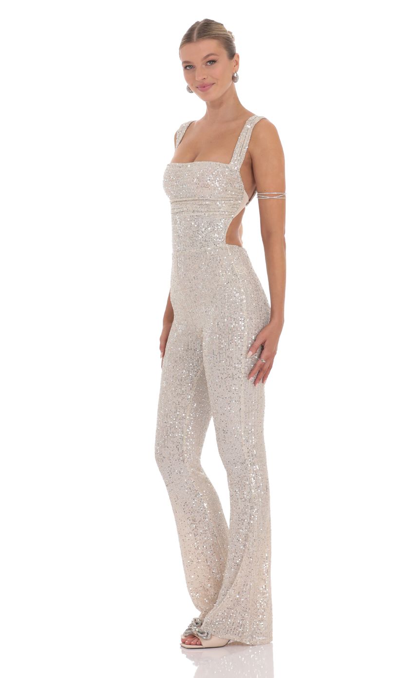 Lucy In The Sky Sequin Back Tie Jumpsuit in Champagne