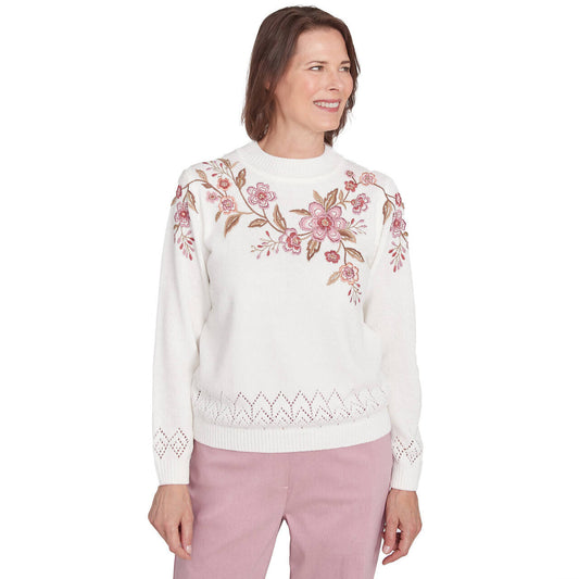 Alfred Dunner Women's Floral Embroidered White Chenille Sweater