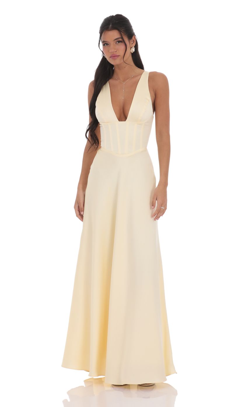 Lucy In The Sky Satin Plunge Neck Corset Maxi Dress in Yellow
