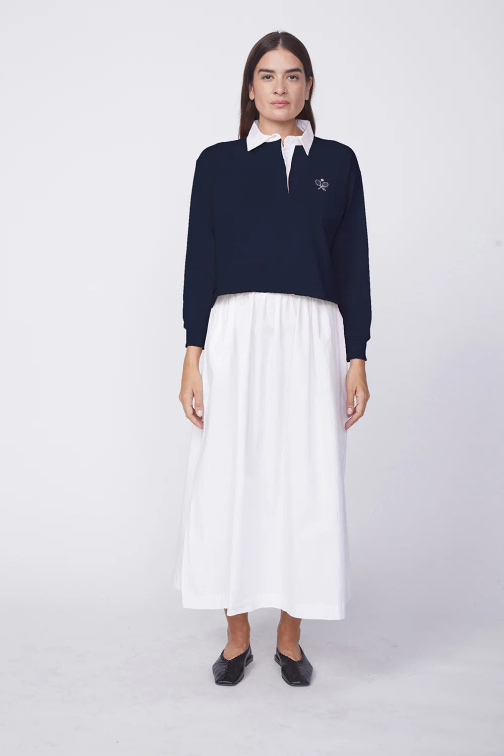 BAILEY/44 Women's Stateside Heavy Ribbed Jersey Graphic Cropped Polo in New Navy