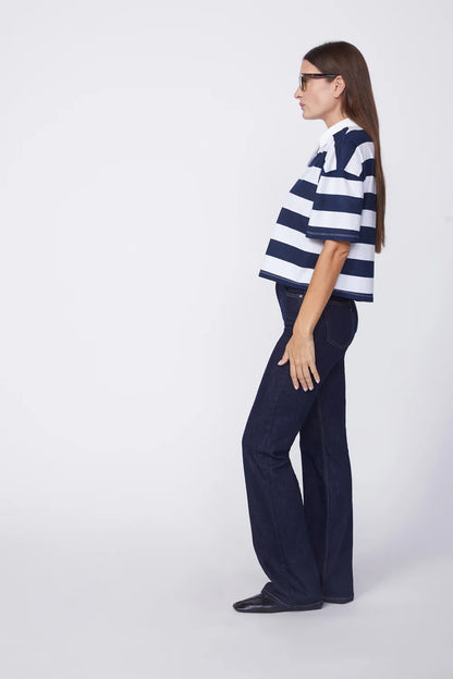 BAILEY/44 Women's Stateside Navy Rugby Stripe Short Sleeve Boxy Polo in White