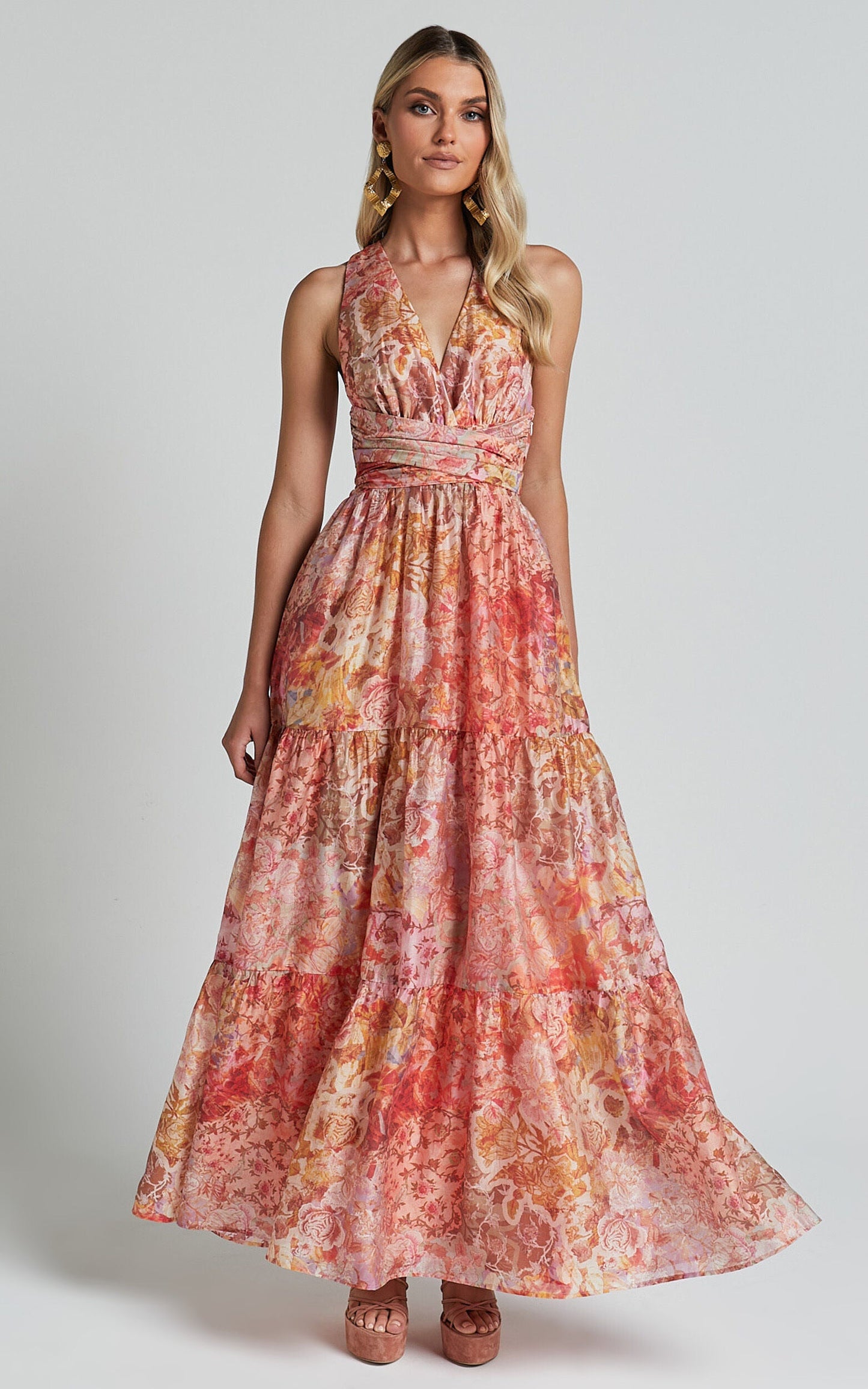 Showpo Amalie The Label - Monte Plunge Neck Tie Back Tiered Maxi Dress in Morocco Print