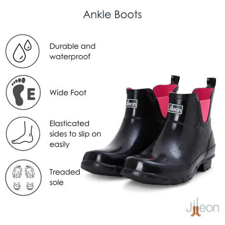 Jileon Rain Boots Ankle Height Rain Boots - Black Glossy - Wide Foot - Easy to Slip On