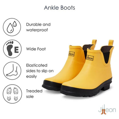 Jileon Rain Boots Ankle Height Rain Boots - Yellow Matt - Wide Foot - Easy to Slip On
