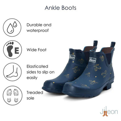 Jileon Rain Boots Ankle Height Rain Boots - Navy with Bumble Bees - Wide Foot - Easy to Slip On
