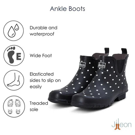Jileon Rain Boots Ankle Height Rain Boots - Black with White Spots - Wide Foot - Easy to Slip On