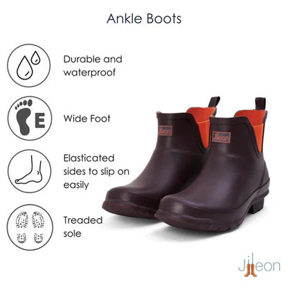 Jileon Rain Boots Ankle Height Rain Boots - Chocolate with Orange Trim - Wide Foot - Easy to Slip On