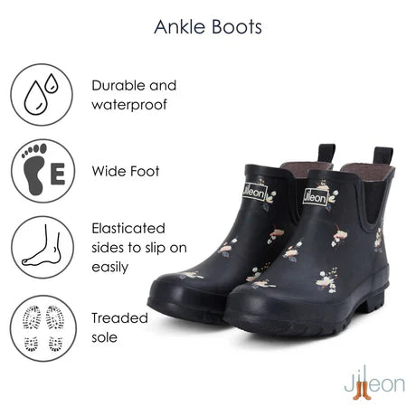 Jileon Rain Boots Ankle Height Rain Boots - Black Floral - Wide Foot - Easy to Slip On
