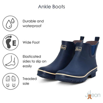 Jileon Rain Boots Ankle Height Rain Boots - Navy Blue with Cream Trim - Wide Foot - Easy to Slip On