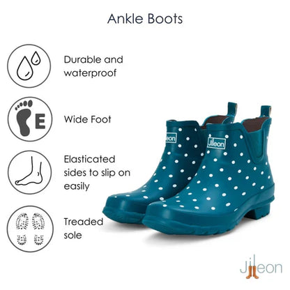 Jileon Rain Boots Ankle Height Rain Boots - Teal with White Spots - Wide Foot - Easy to Slip On