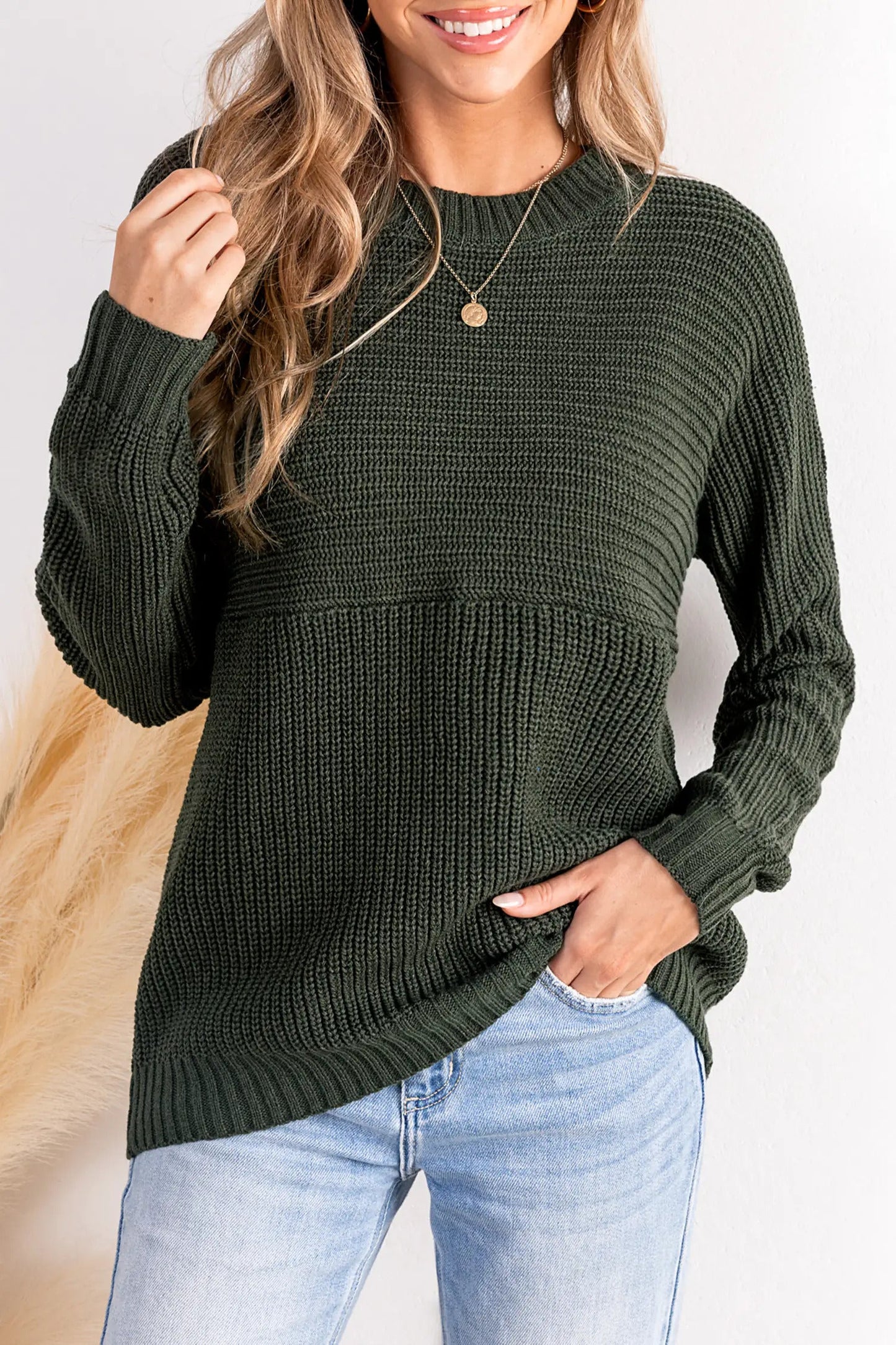 Cupshe Green Round Neck Long Sleeve Knit Sweater