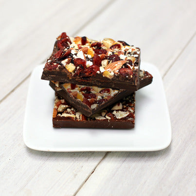 John Kelly Chocolates Dark Chocolate Bark with Orange, Cranberries and Roasted Almonds