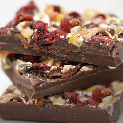 John Kelly Chocolates Dark Chocolate Bark with Orange, Cranberries and Roasted Almonds