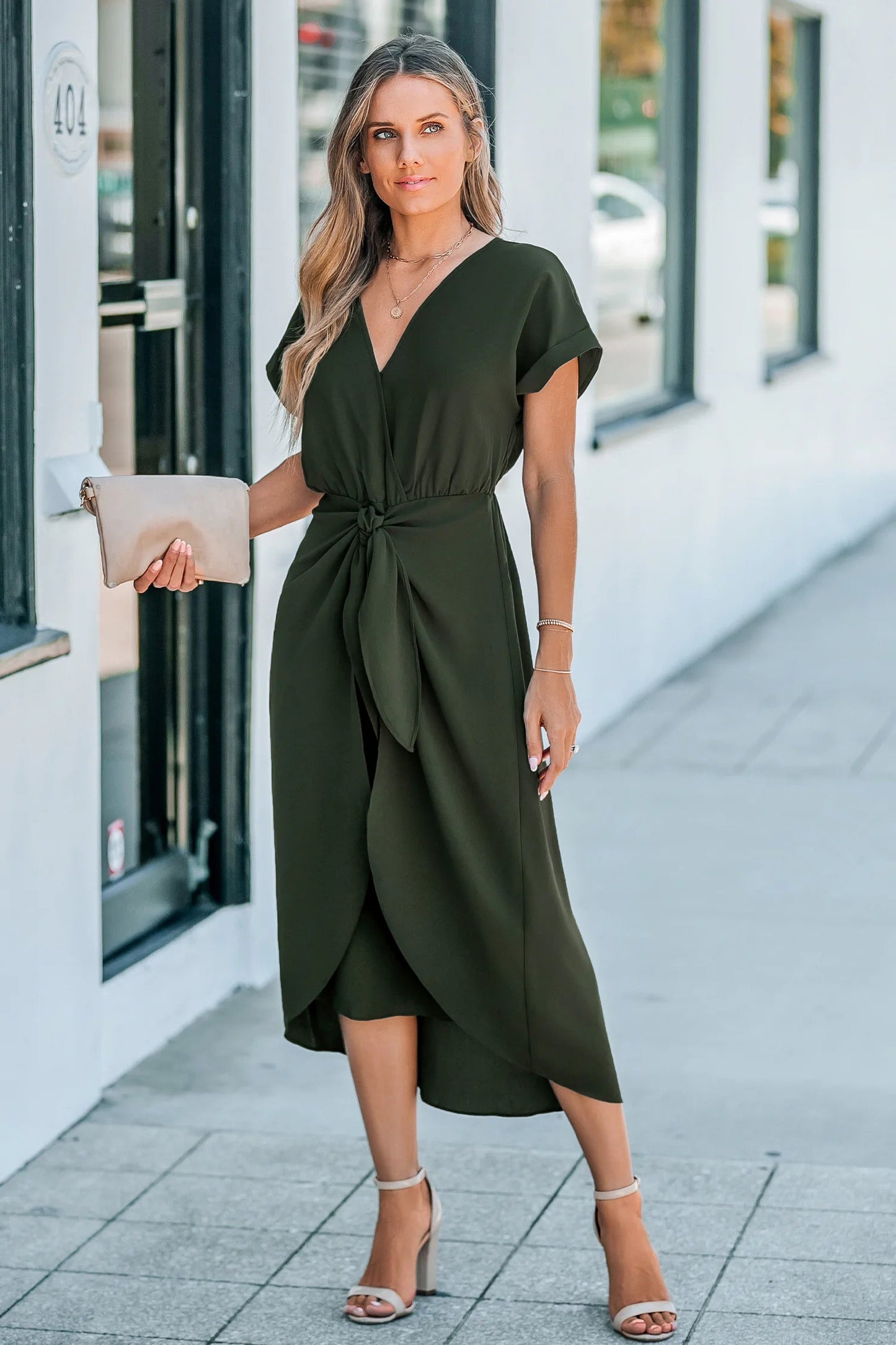 Cupshe Olive Short Sleeve Waist Wrap Midi Dress