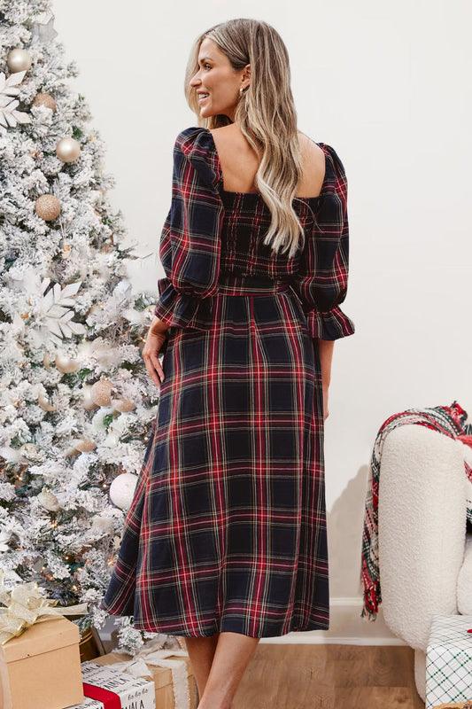 Cupshe X Gabby Windey Burgundy Belted Plaid Smocked Maxi Dress