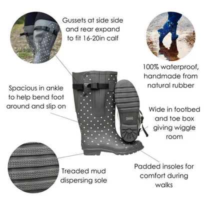 Jileon Rain Boots Extra Wide Calf Womens' Rain Boots - Grey Spot - Up to 20 inch calf. Wide in Foot & Ankle