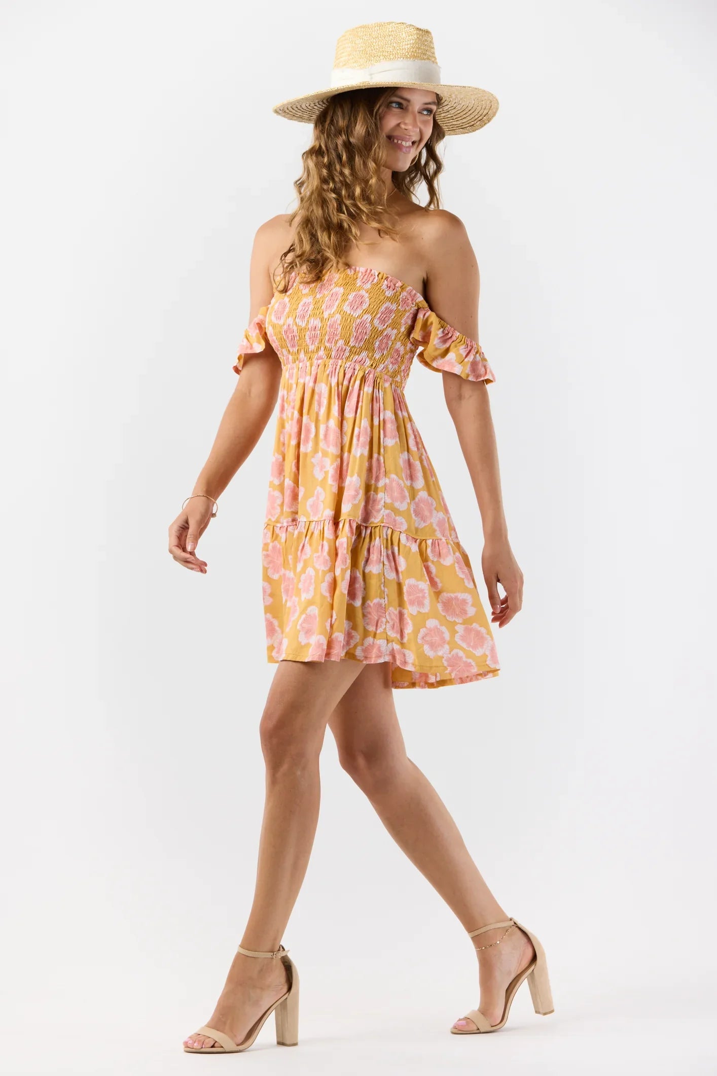Tiare Hawaii French Mini Dress - Kahala Hibiscus Gold