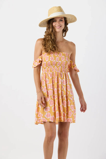 Tiare Hawaii French Mini Dress - Kahala Hibiscus Gold