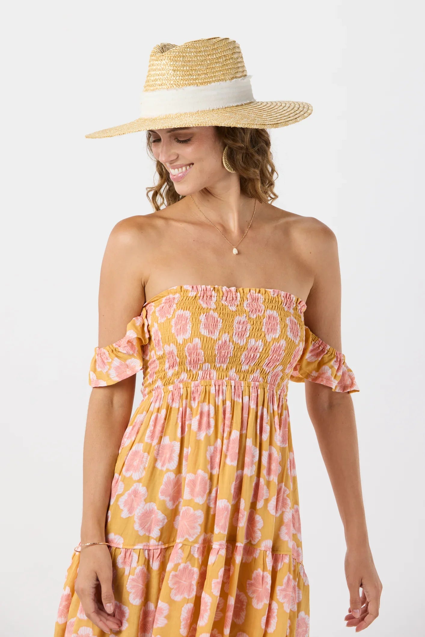 Tiare Hawaii French Mini Dress - Kahala Hibiscus Gold