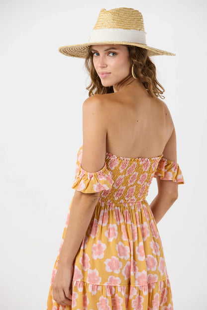 Tiare Hawaii French Mini Dress - Kahala Hibiscus Gold