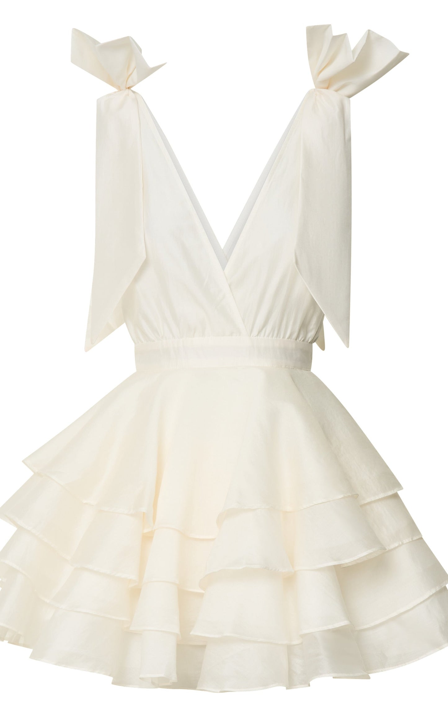 Showpo Roxanne Mini Dress - Shoulder Tie Plunge Ruffle Dress in White