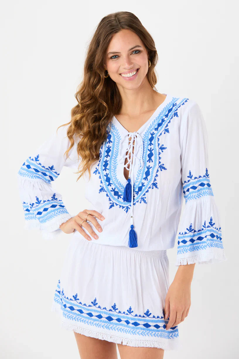 Tiare Hawaii Greek Islands Mini Dress - White Santorini Light Blue