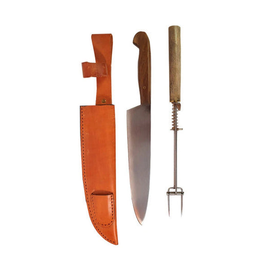 Pampa Direct Gran Fuego Asado Knife Set with 23 cm Stainless Steel Knife and Fork, Includes Leather Sheath Juego Asador