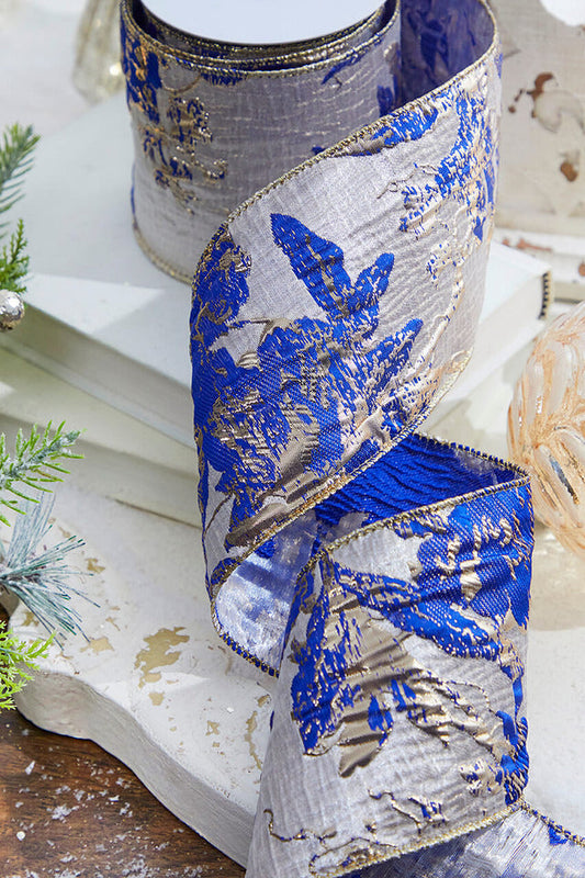Decorator's Warehouse 4" x 10 Yard Blue and Champagne Jaquard Ribbon