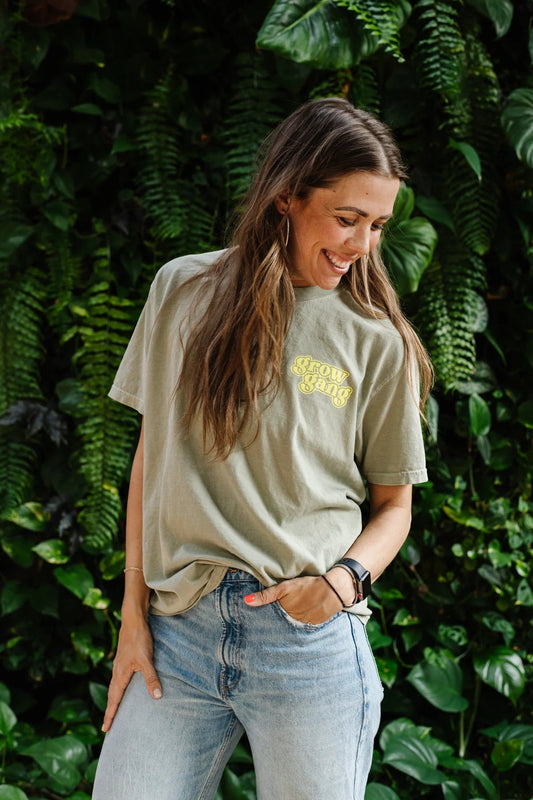 Happy Happy Houseplant Women's Grow Gang T-Shirt in Sage + Fluorescent Yellow