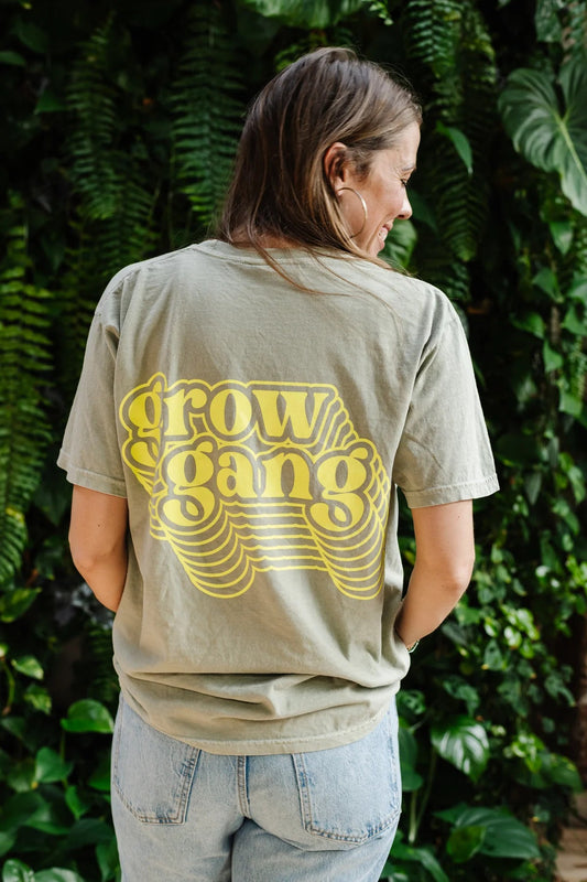 Happy Happy Houseplant Women's Grow Gang T-Shirt in Sage + Fluorescent Yellow