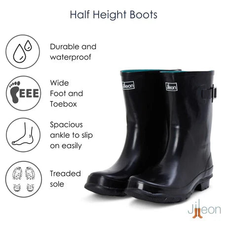 Jileon Rain Boots Half Height Rain Boots - Black Glossy - Wide Foot and Ankle