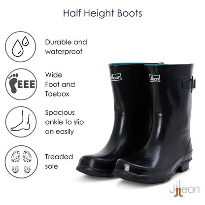 Jileon Rain Boots Half Height Rain Boots - Black Glossy - Wide Foot and Ankle