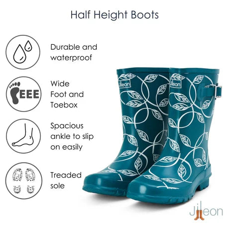 Jileon Rain Boots Half Height Rain Boots - Teal with Leaves - Wide Foot and Ankle
