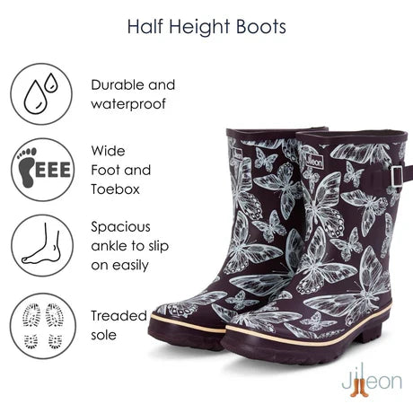Jileon Rain Boots Half Height Rain Boots - Purple Butterflies - Wide in Foot & Ankle
