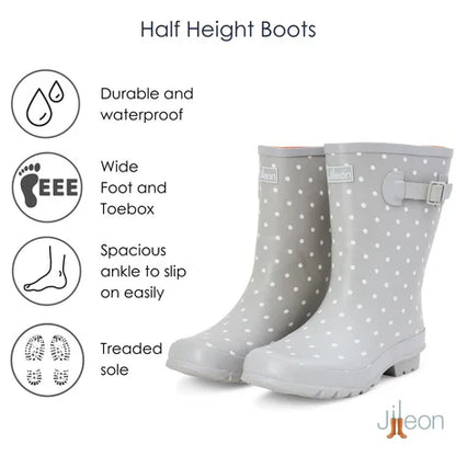 Jileon Rain Boots Half Height Rain Boots - Gray with White Spots - Wide Foot & Ankle