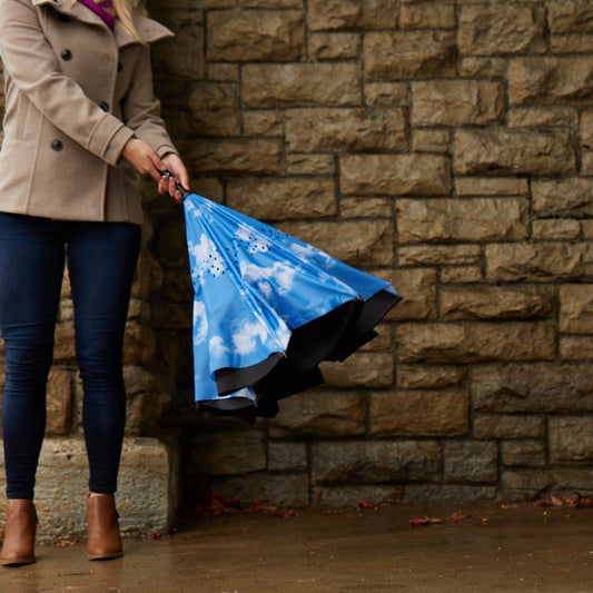 Totes Recycled InBrella Reverse Close Stick Umbrella with Auto Close Technology - Clouds