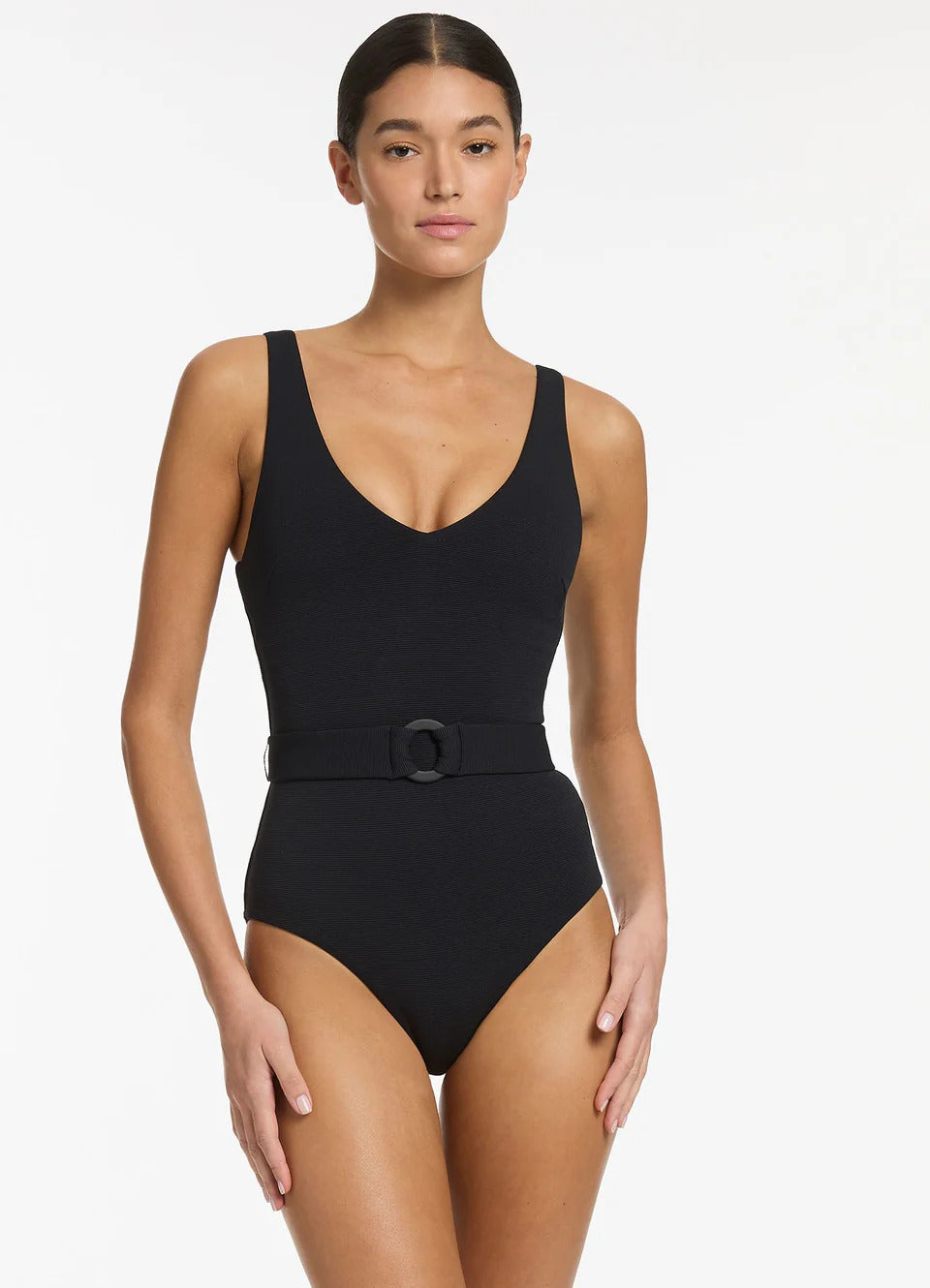 Seafolly Women's Isla Rib V-Neckline Belted One Piece - Black